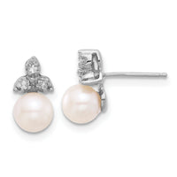 14K White Gold 5-6mm Round White FWC Pearl .06ct Dia Post Earrings-XFW846E