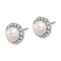 14K White Gold 7-8mm Button White FWC Pearl and .28ct Dia Post Earrings-XFW848E