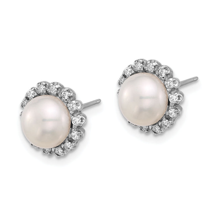 14K White Gold 7-8mm Button White FWC Pearl and .28ct Dia Post Earrings-XFW848E