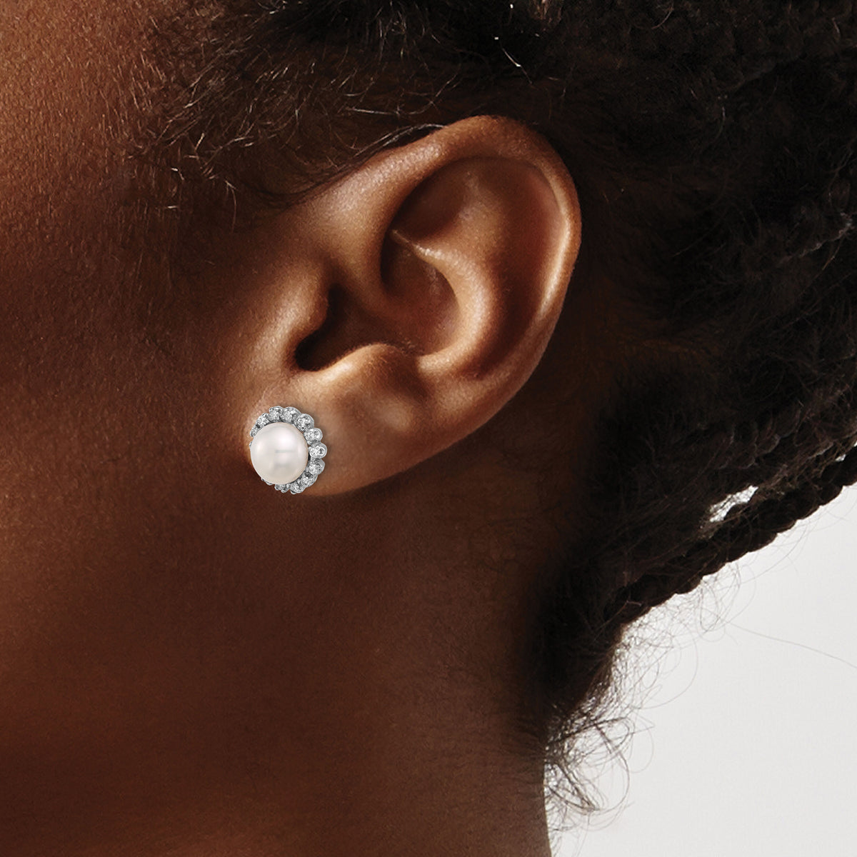 14K White Gold 7-8mm Button White FWC Pearl and .28ct Dia Post Earrings-XFW848E