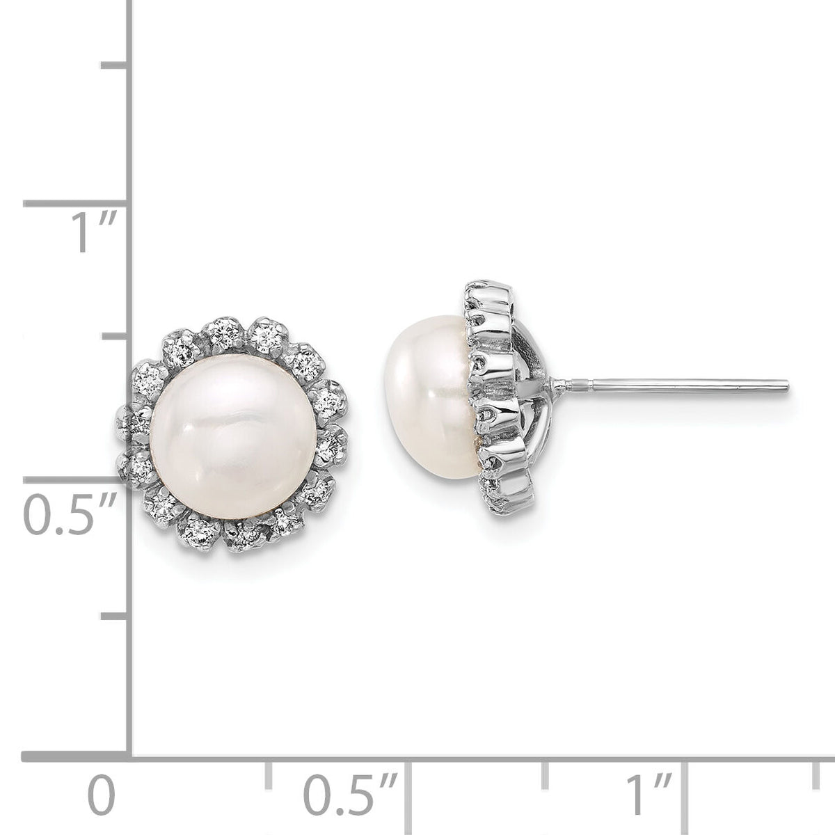 14K White Gold 7-8mm Button White FWC Pearl and .28ct Dia Post Earrings-XFW848E