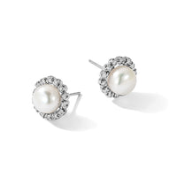 14K White Gold 7-8mm Button White FWC Pearl and .28ct Dia Post Earrings-XFW848E