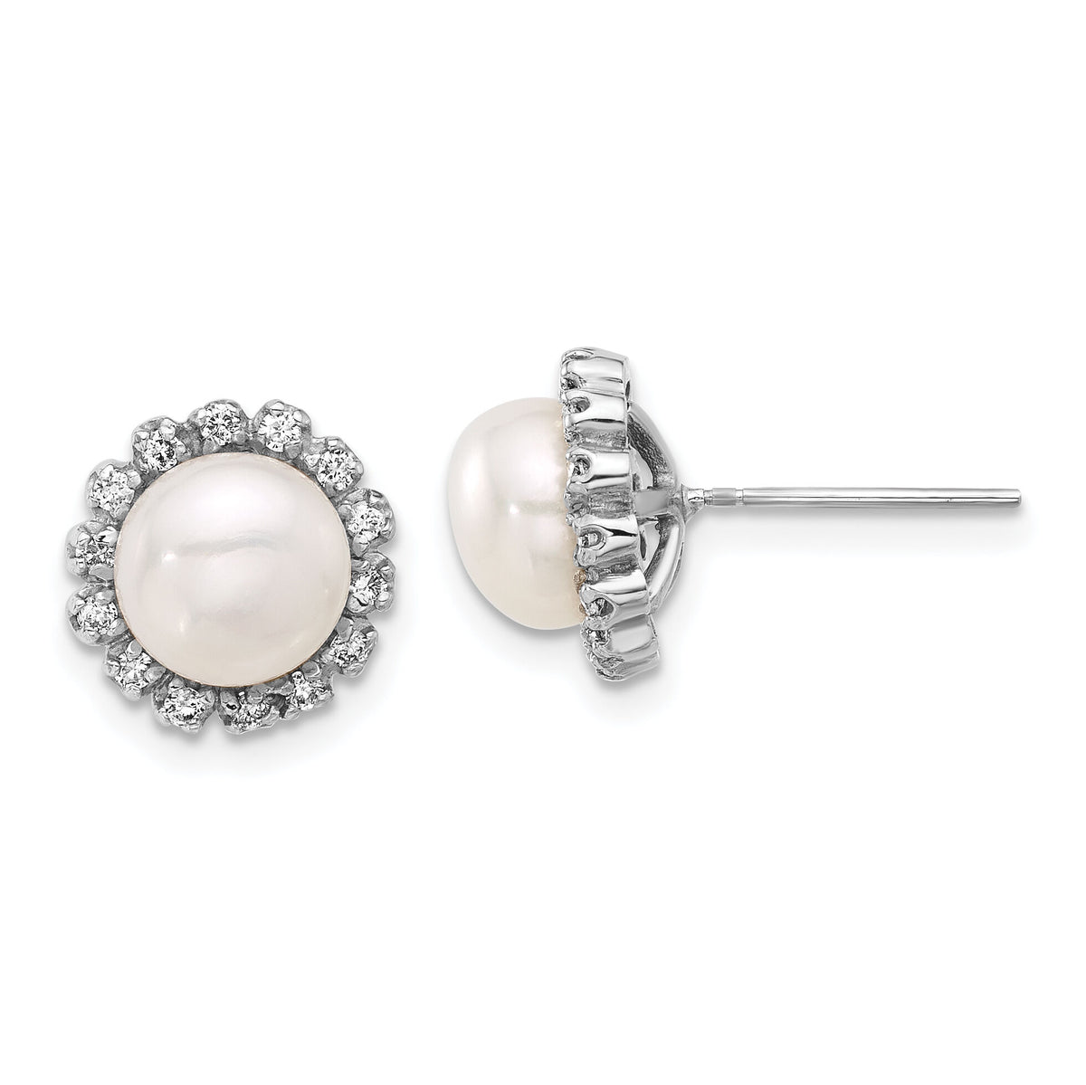 14K White Gold 7-8mm Button White FWC Pearl and .28ct Dia Post Earrings-XFW848E