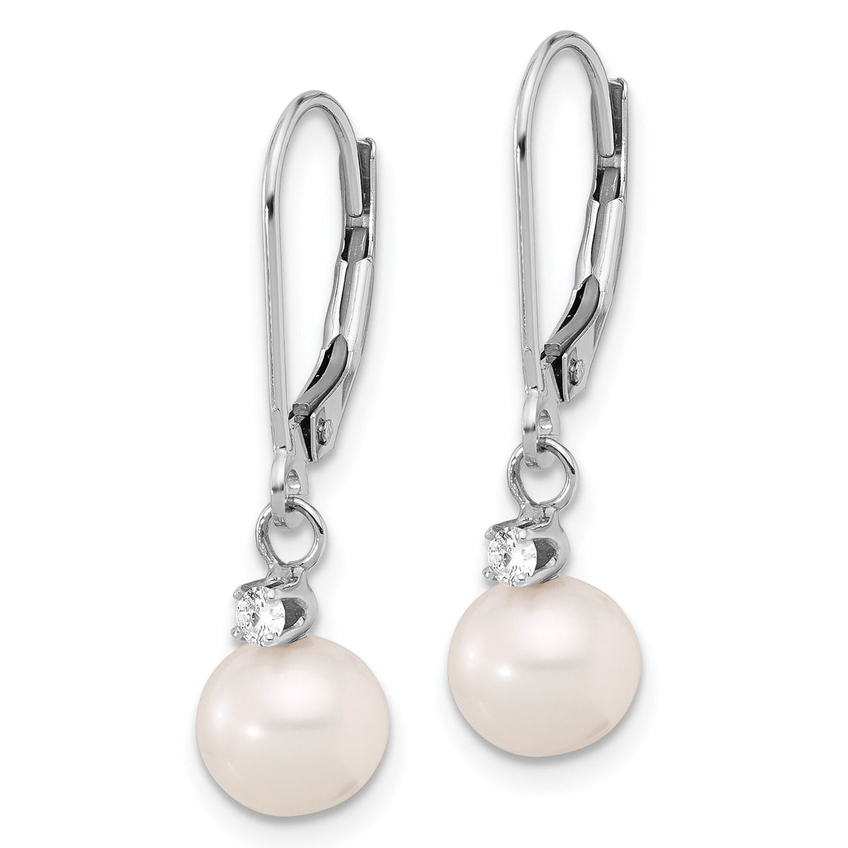 14K White Gold 7-8mm White FWC Pearl and .10ct Dia Dangle Earrings-XFW850E