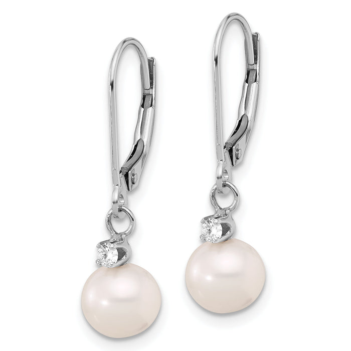 14K White Gold 7-8mm White FWC Pearl and .10ct Dia Dangle Earrings-XFW850E