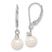 14K White Gold 7-8mm White FWC Pearl and .10ct Dia Dangle Earrings-XFW850E
