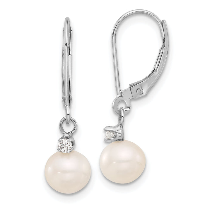 14K White Gold 7-8mm White FWC Pearl and .10ct Dia Dangle Earrings-XFW850E
