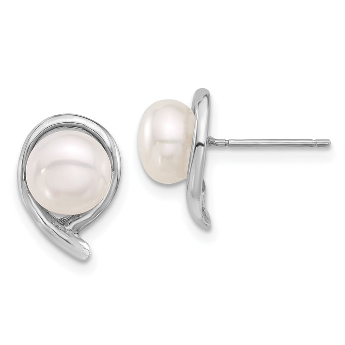 14K White Gold 7-8mm Button White FWC Pearl Post Earrings-XFW856E