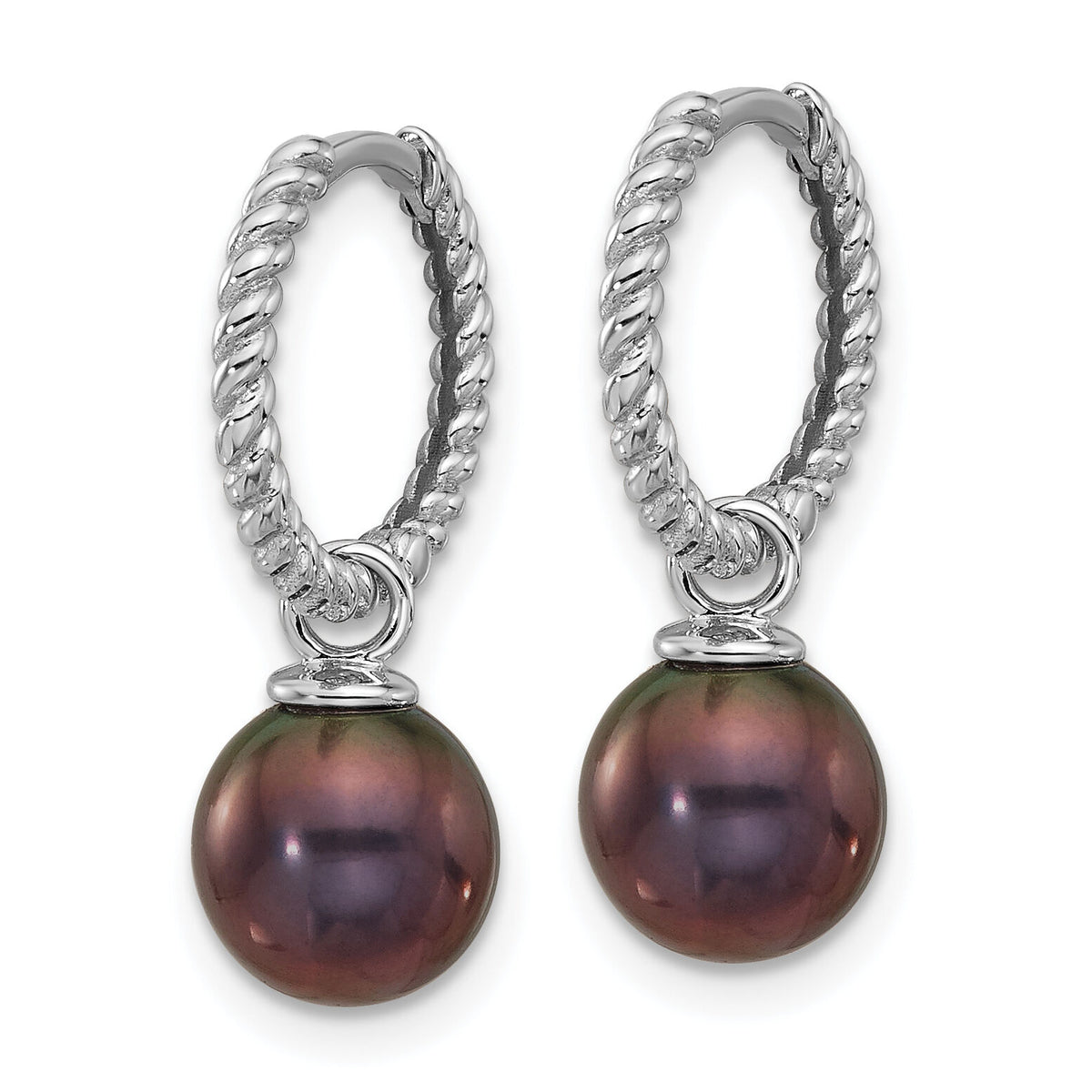 14K White Gold 7-8mm Black & White FWC Pearl Dangle Hoop Earrings-XFW859E