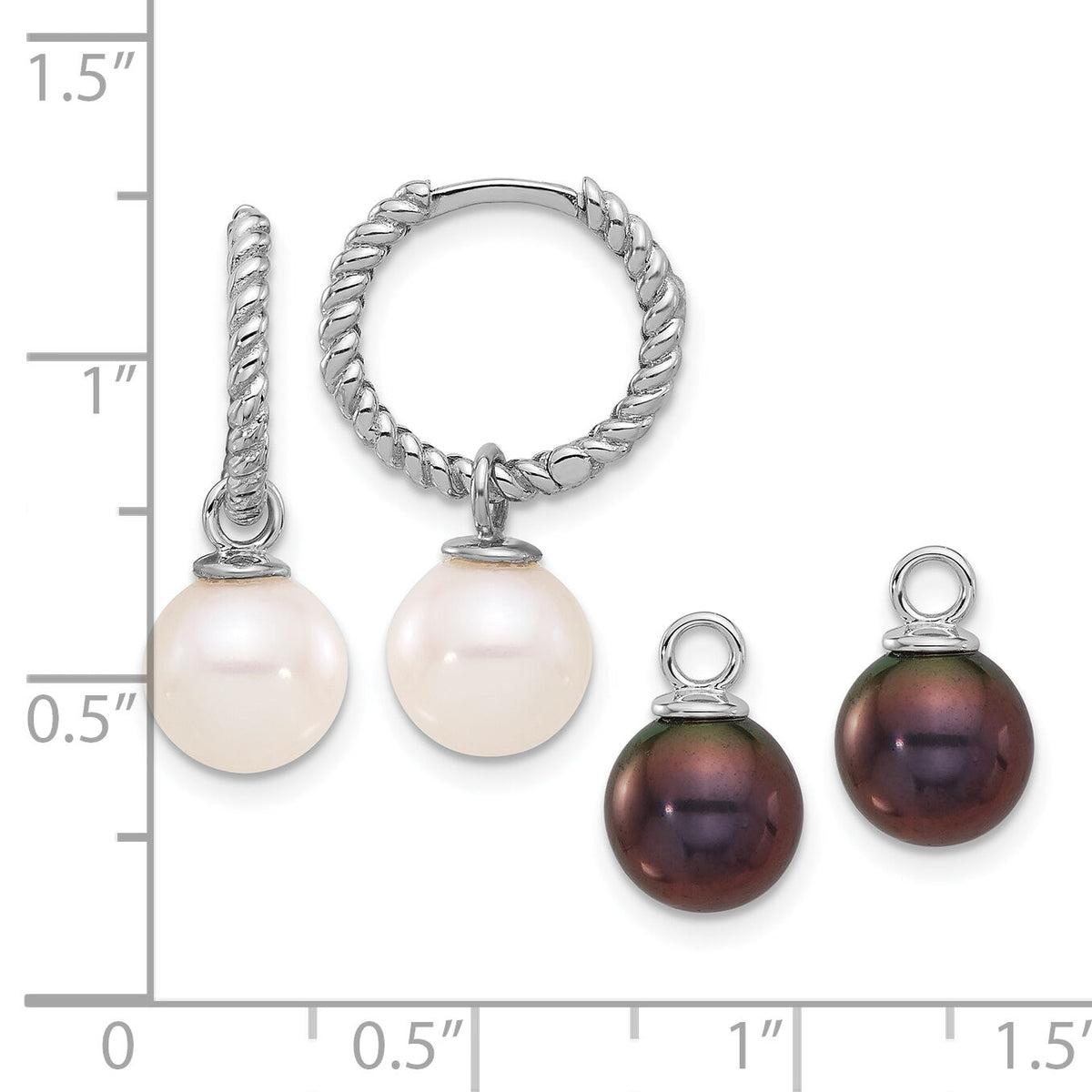 14K White Gold 7-8mm Black & White FWC Pearl Dangle Hoop Earrings-XFW859E