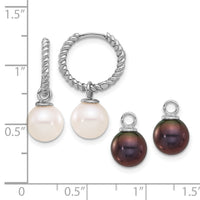 14K White Gold 7-8mm Black & White FWC Pearl Dangle Hoop Earrings-XFW859E