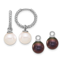14K White Gold 7-8mm Black & White FWC Pearl Dangle Hoop Earrings-XFW859E