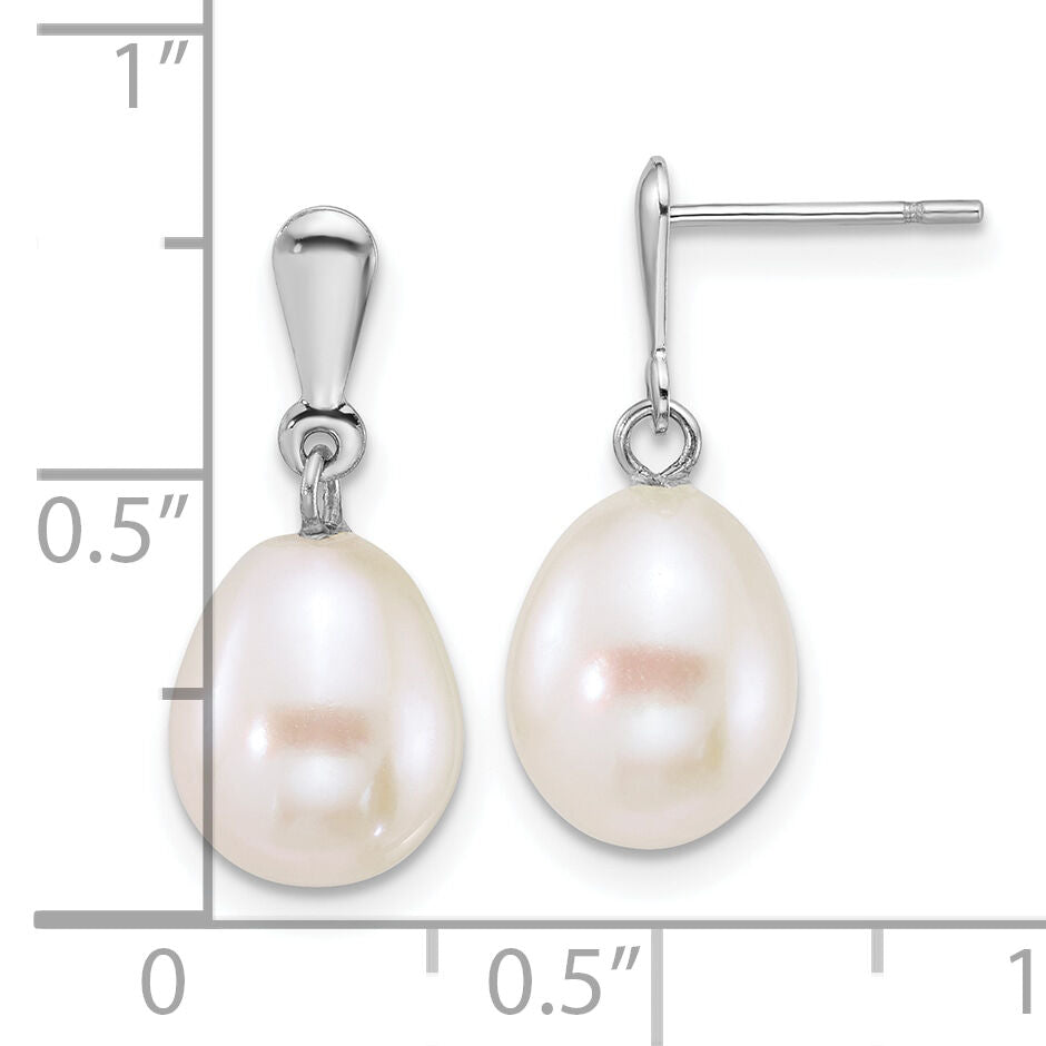 14k WG 8-9mm Rice White FW Cultured Pearl Post Dangle Earrings-XFW908E