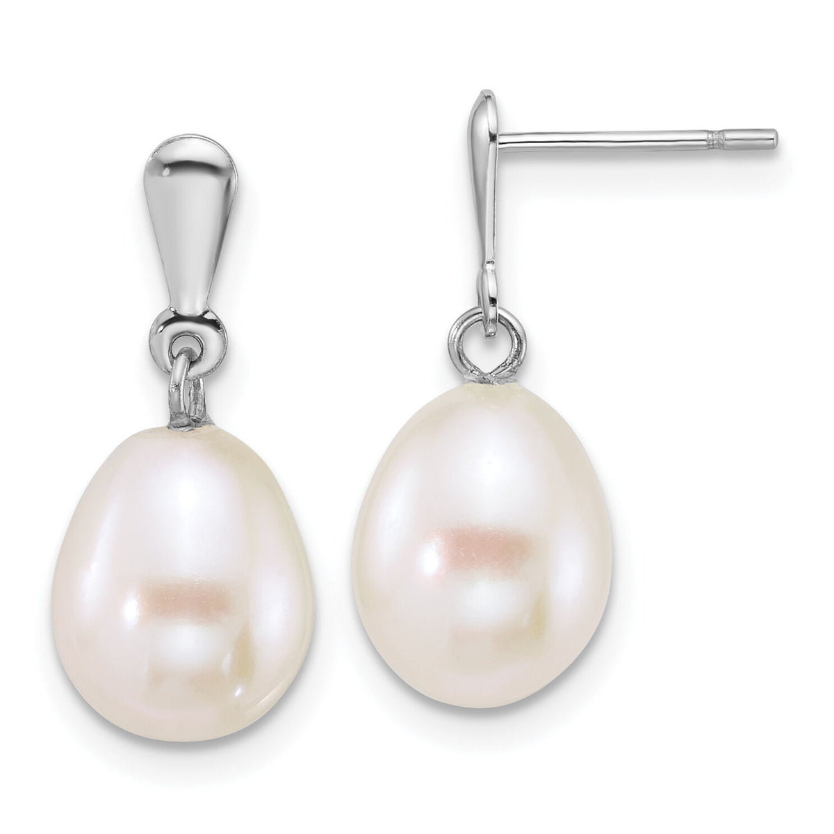 14k WG 8-9mm Rice White FW Cultured Pearl Post Dangle Earrings-XFW908E
