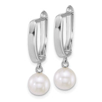 14k WG 7-8mm Round White FW Cultured Pearl Dangle Hoop Earrings-XFW913E