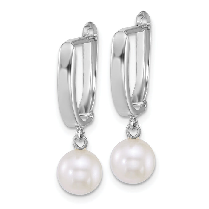 14k WG 7-8mm Round White FW Cultured Pearl Dangle Hoop Earrings-XFW913E