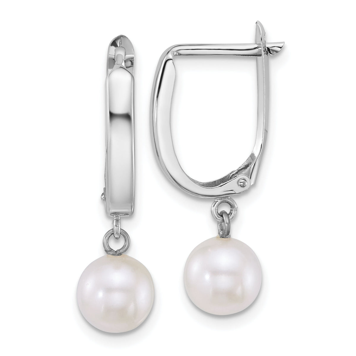 14k WG 7-8mm Round White FW Cultured Pearl Dangle Hoop Earrings-XFW913E