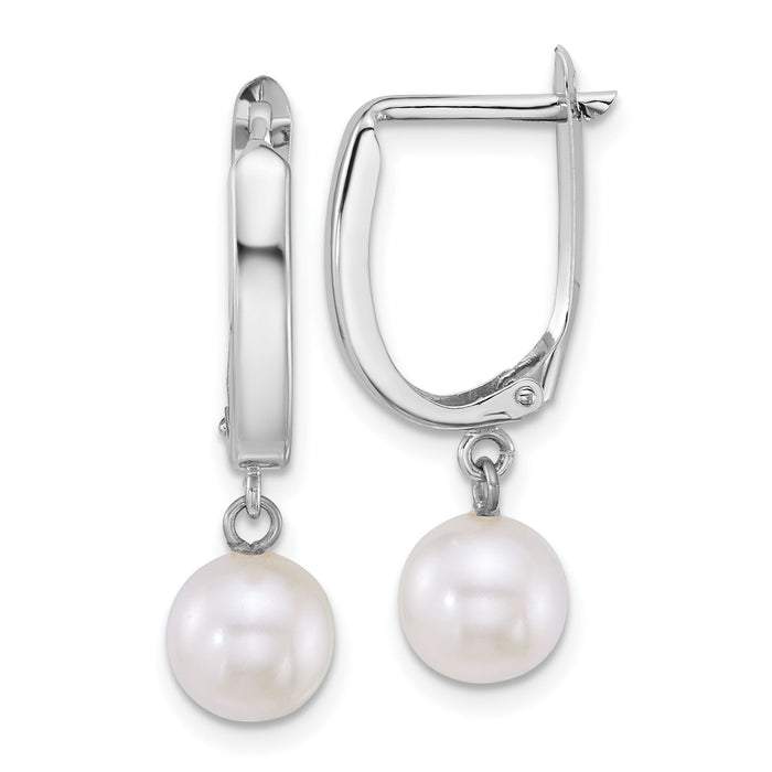 14k WG 7-8mm Round White FW Cultured Pearl Dangle Hoop Earrings-XFW913E