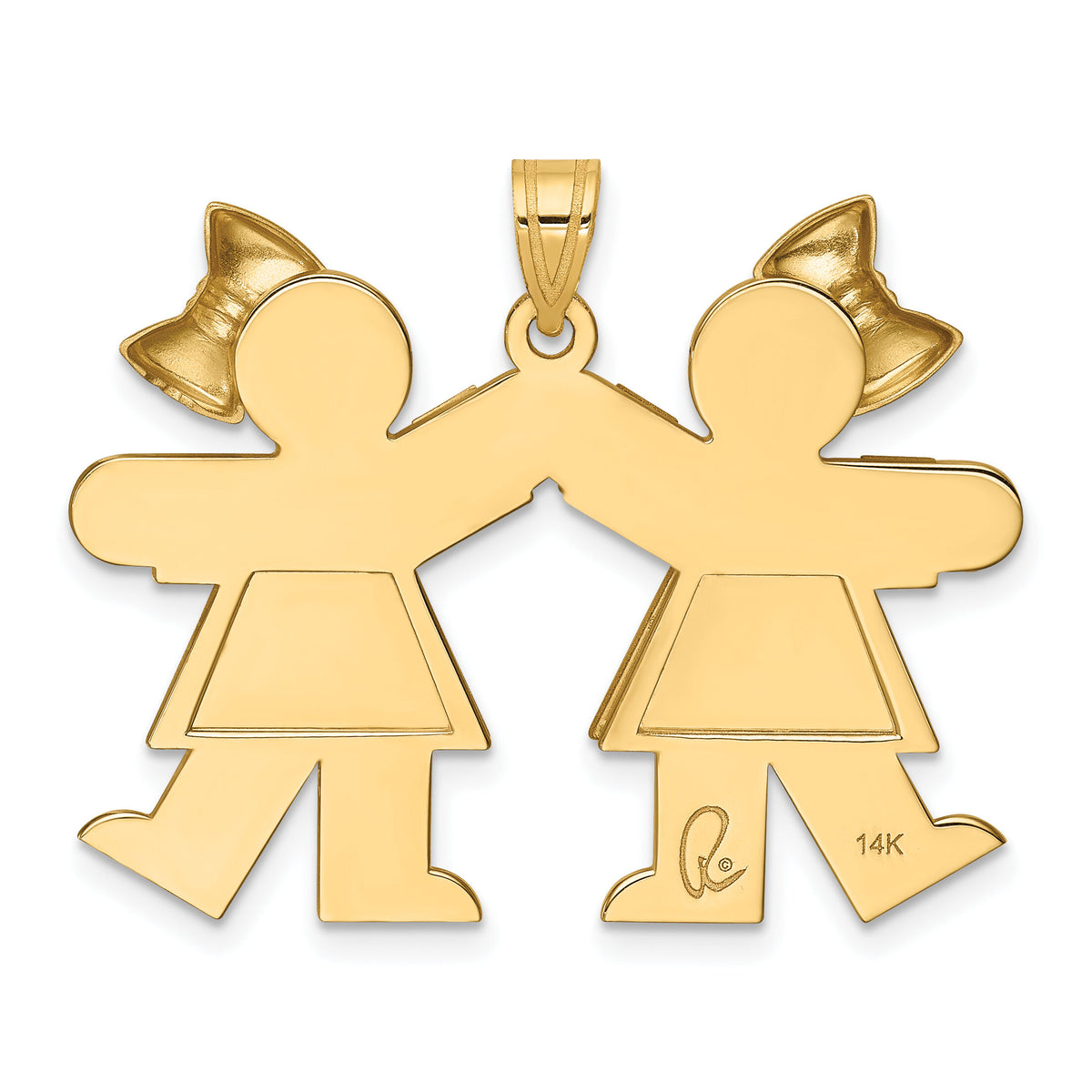 14k Solid Engravable Large Double Girls with Bows Charm-XK298
