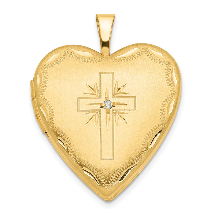 14ky 20mm Diamond Satin & D/C Cross Heart Locket-XL584