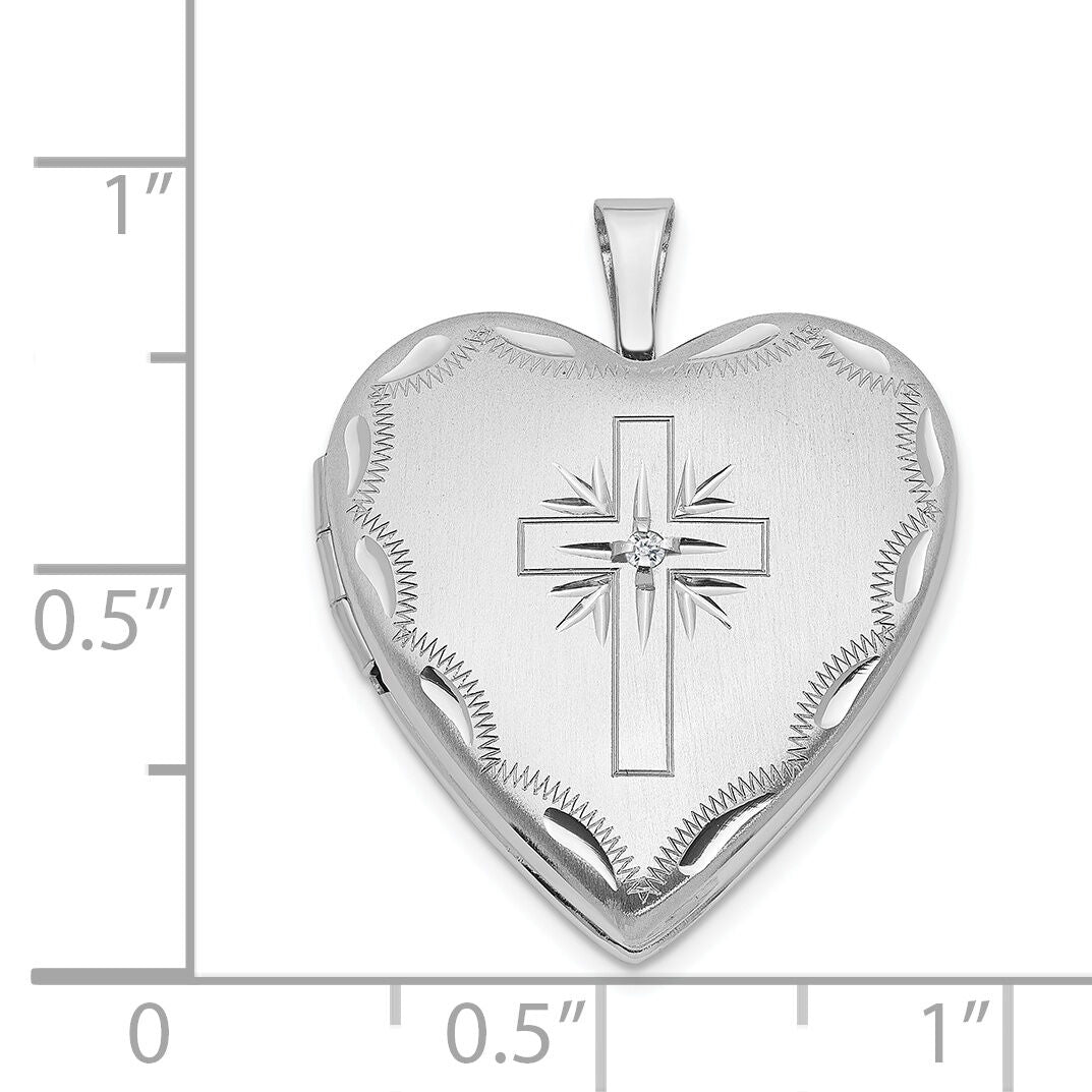 14k White Gold 20mm Diamond Satin & D/C Cross Heart Locket-XL585