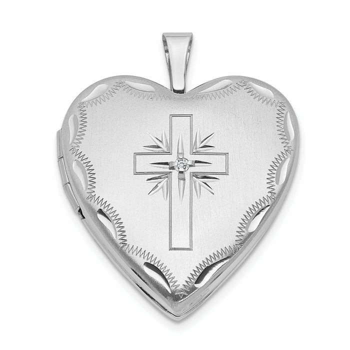 14k White Gold 20mm Diamond Satin & D/C Cross Heart Locket-XL585