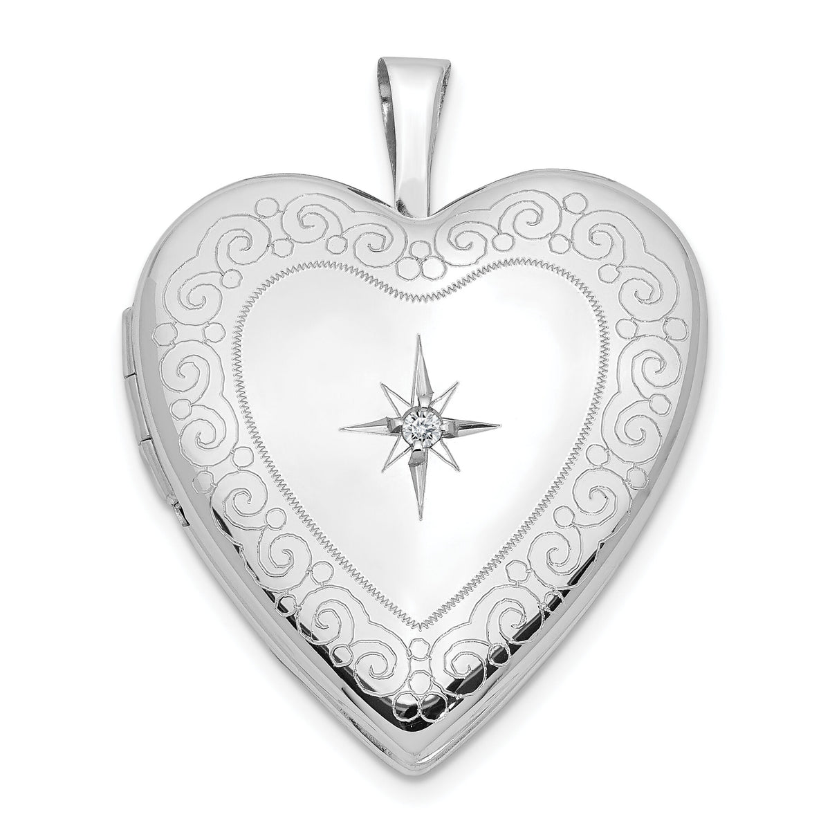 14K White Gold Diamond Side Swirl Edge 20mm Heart Locket-XL597