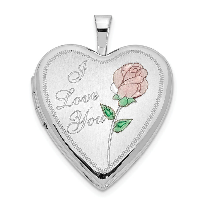 14K 20mm White Gold Enamel Rose I LOVE YOU Heart Locket-XL603
