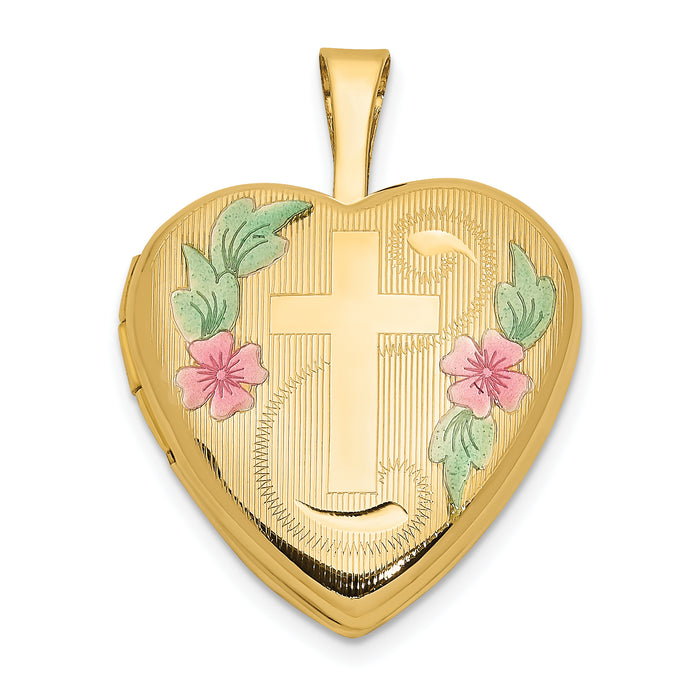 14ky 16mm with Enamel Floral Cross Heart Locket-XL796