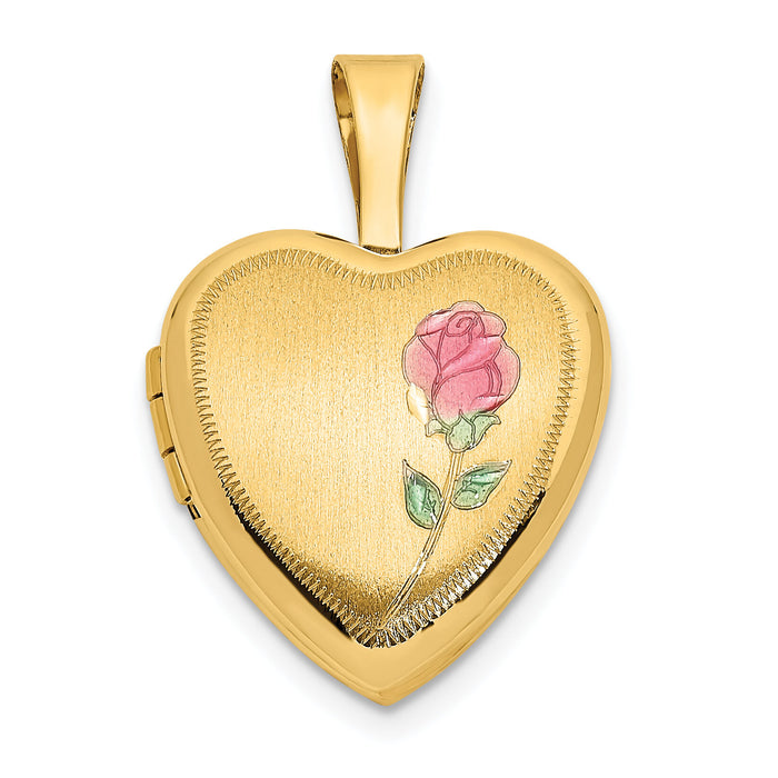 14k 12mm Satin with Enamel Rose Heart Locket-XL798