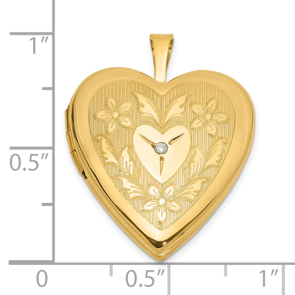 14K 20mm Polished Floral Design Diamond Heart Locket-XL848