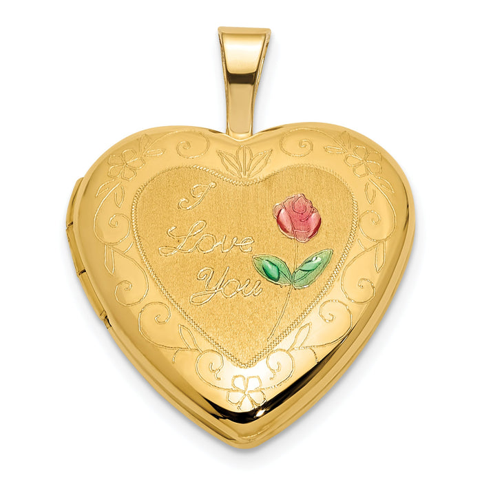 14K Polished and Satin w/ Enamel 16mm I LOVE YOU Rose Heart Locket-XL849