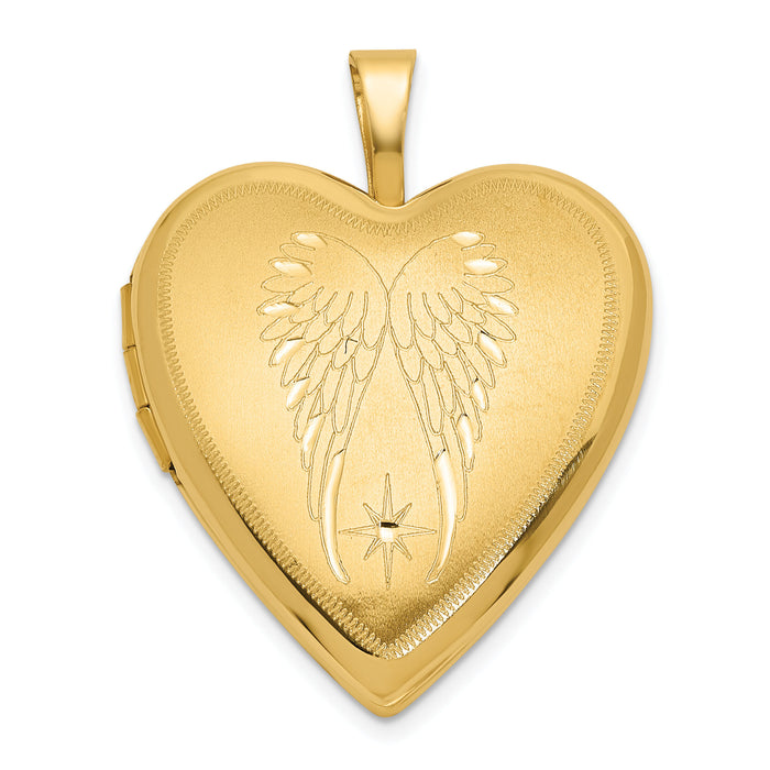14K Satin and Polished Angel Wings 20mm Heart Locket-XL850