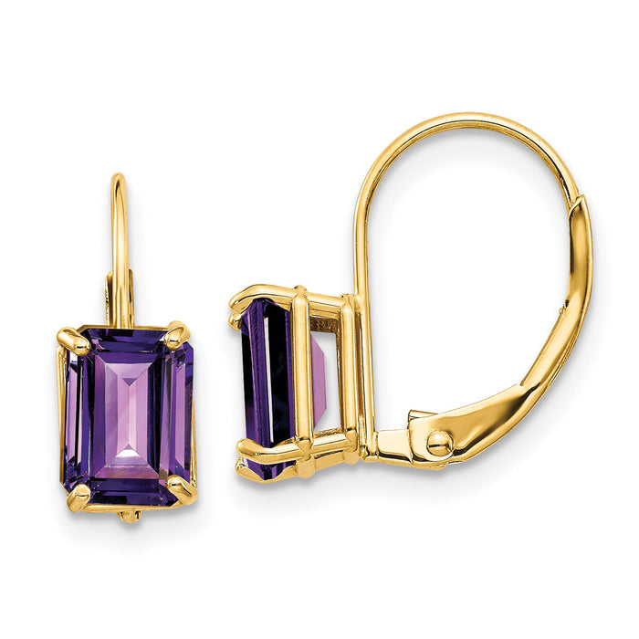 14k 7x5mm Emerald Cut Amethyst Leverback Earrings-XLB124AM