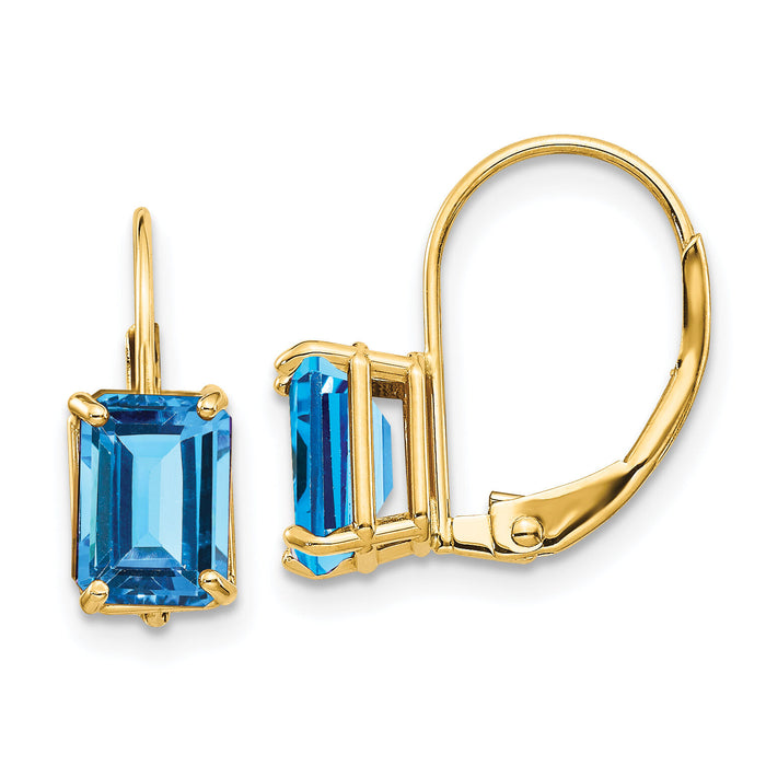 14k 7x5mm Emerald Cut Blue Topaz Leverback Earrings-XLB124BT