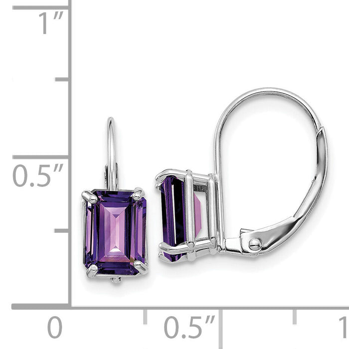 14k White Gold 7x5mm Emerald Cut Amethyst Leverback Earrings-XLB124WAM