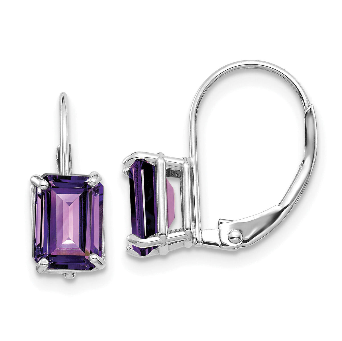 14k White Gold 7x5mm Emerald Cut Amethyst Leverback Earrings-XLB124WAM