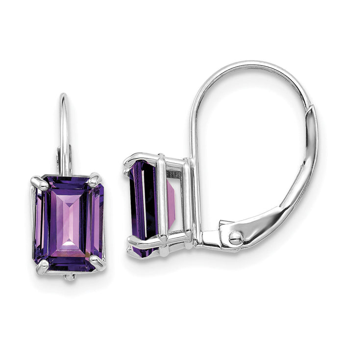 14k White Gold 7x5mm Emerald Cut Amethyst Leverback Earrings-XLB124WAM