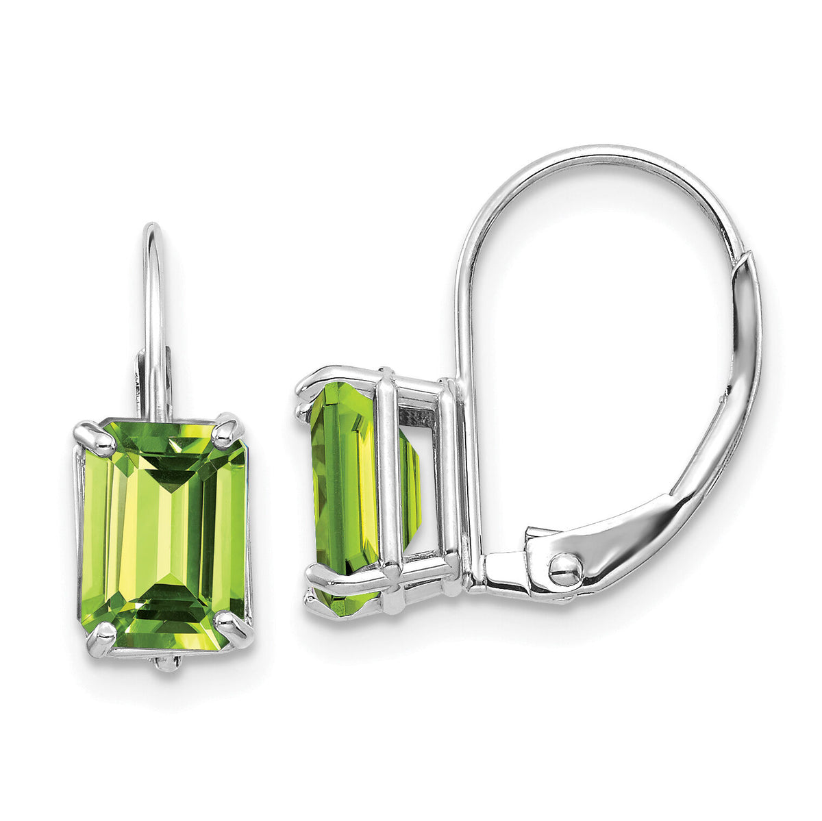 14k White Gold 7x5mm Emerald Cut Peridot Leverback Earrings-XLB124WPE