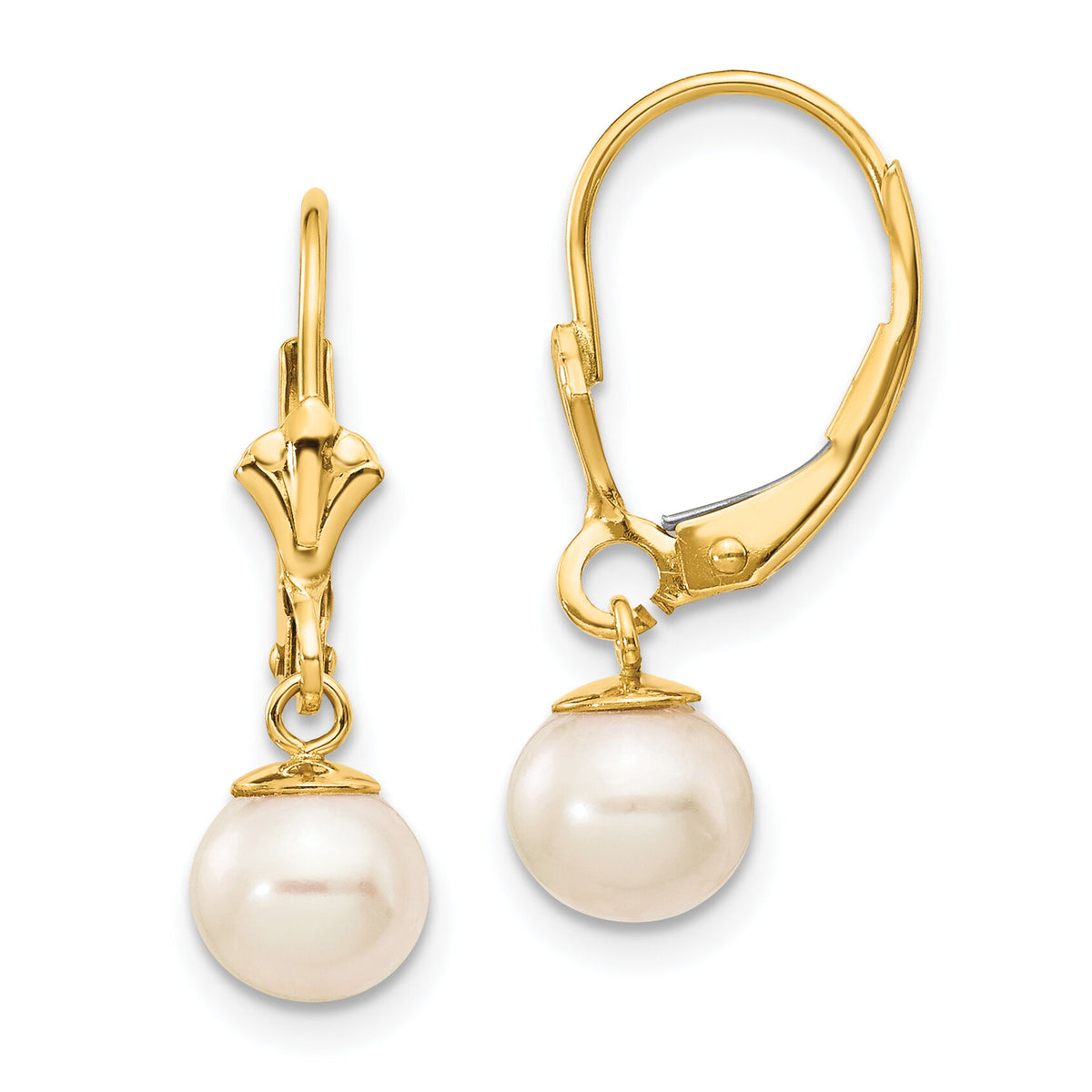 14K 6-7mm White Round Freshwater Cultured Pearl Leverback Earrings-XLB154PL