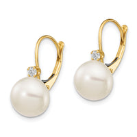 14K 10-11mm White Button FWC Pearl .10ct Diamond Leverback Earrings-XLB157BL