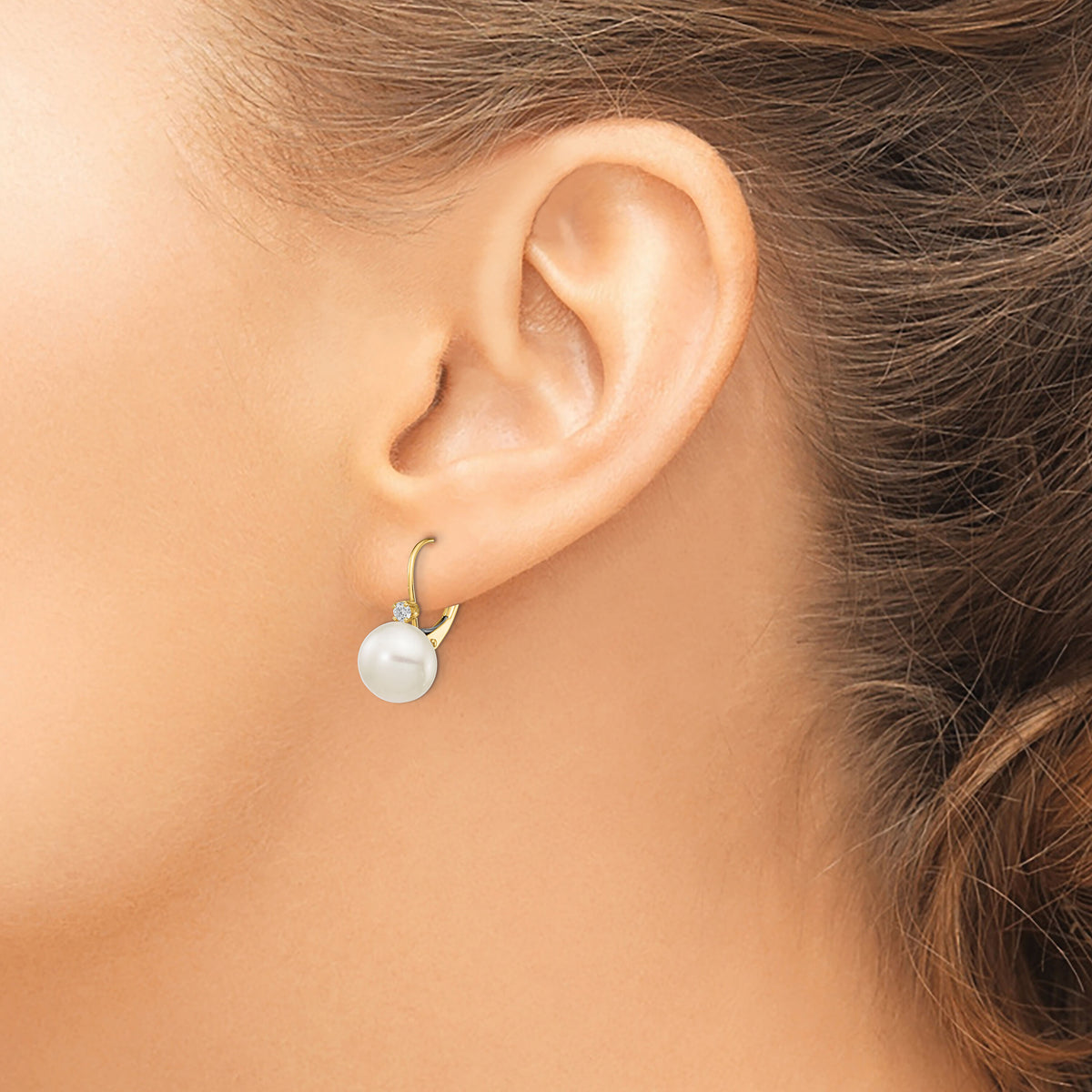 14K 10-11mm White Button FWC Pearl .10ct Diamond Leverback Earrings-XLB157BL
