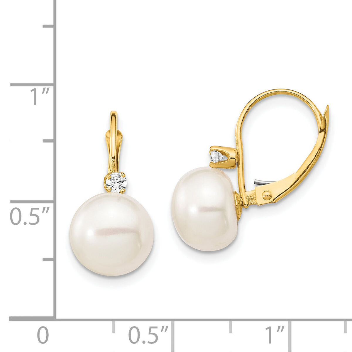14K 10-11mm White Button FWC Pearl .10ct Diamond Leverback Earrings-XLB157BL