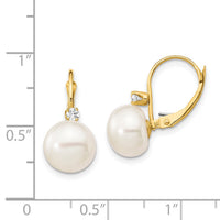 14K 10-11mm White Button FWC Pearl .10ct Diamond Leverback Earrings-XLB157BL