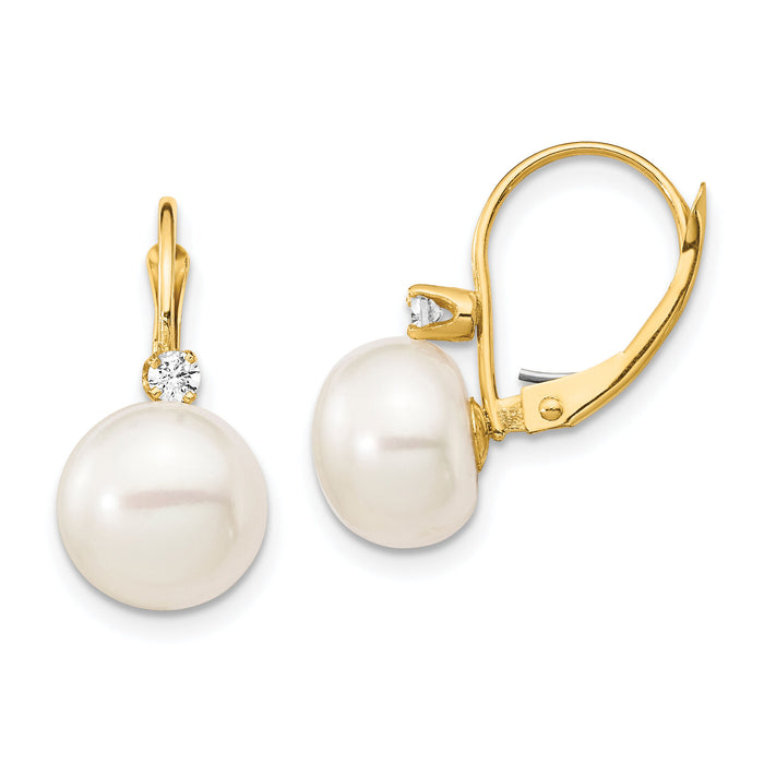 14K 10-11mm White Button FWC Pearl .10ct Diamond Leverback Earrings-XLB157BL