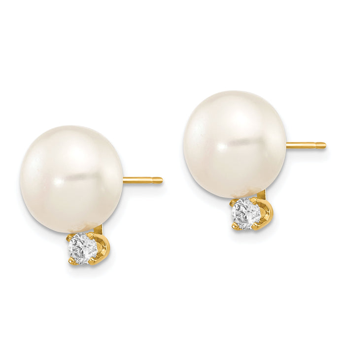 14k 10-11mm White Button FW Cultured Pearl .2ct Diamond Post Earrings-XLB158BL