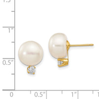 14k 10-11mm White Button FW Cultured Pearl .2ct Diamond Post Earrings-XLB158BL