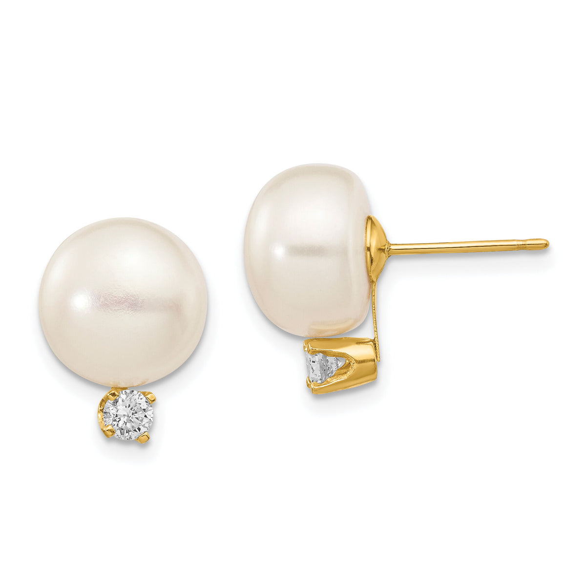 14k 10-11mm White Button FW Cultured Pearl .2ct Diamond Post Earrings-XLB158BL