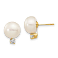 14k 10-11mm White Button FW Cultured Pearl .2ct Diamond Post Earrings-XLB158BL