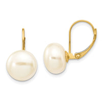 14K 10-11mm White Button Freshwater Cultured Pearl Leverback Earrings-XLB159BL